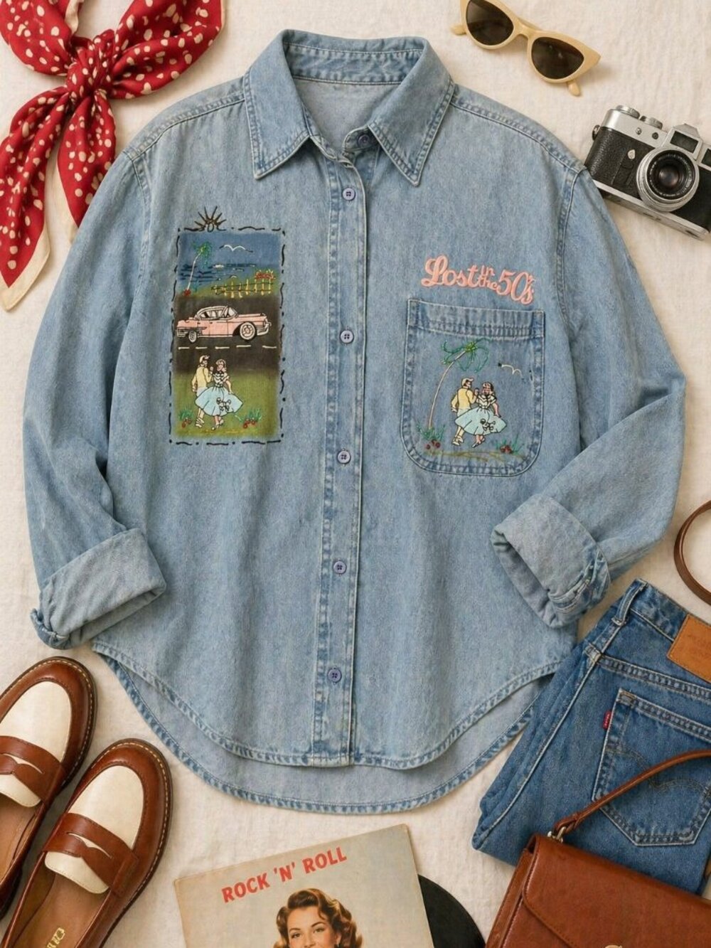 Vintage Get Lucky Denim Shirt Embroidered 50s Rockabilly Button Up M